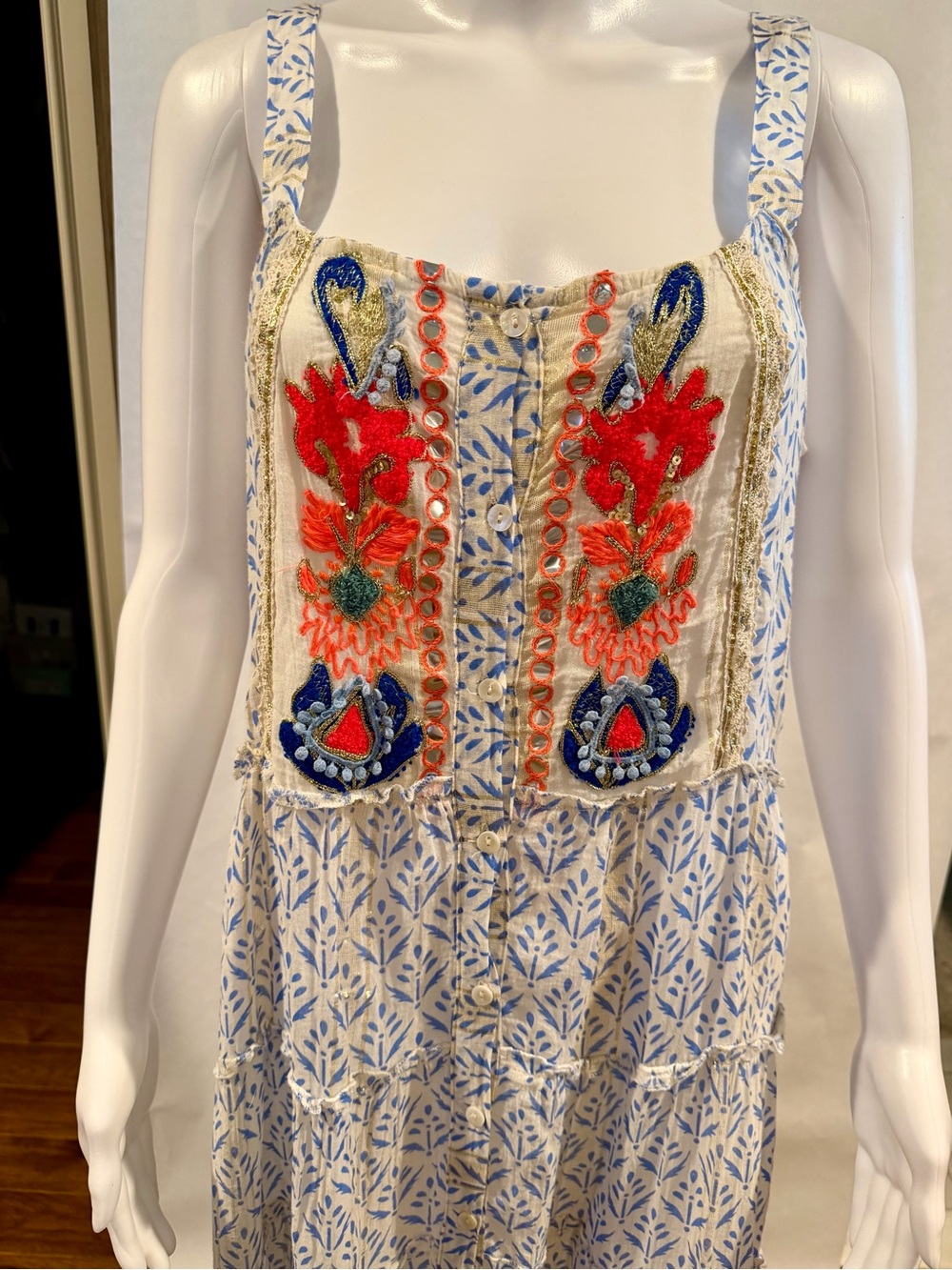 Embroidered Button-Front Maxi Dress in Blue & White with Neon Accents Size S/M